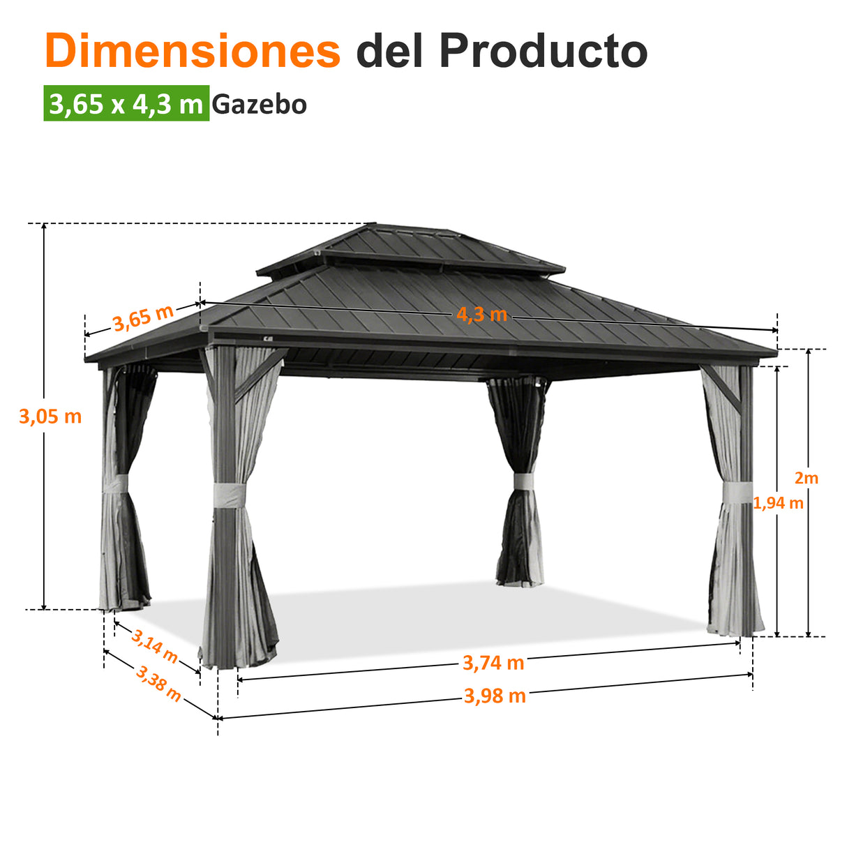 Patioslife Luxury Haven Cenador de Aluminio con Techo Rígido, Drenaje Integrado y Cortinas