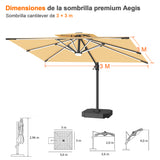 Patioslife Aegis Premium Parasol Excéntrico con LED Solar y Giro 360°