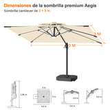 Patioslife Aegis Premium Parasol Excéntrico con LED Solar y Giro 360°