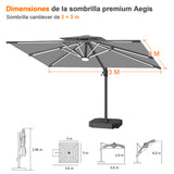 Patioslife Aegis Premium Parasol Excéntrico con LED Solar y Giro 360°