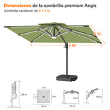 Patioslife Aegis Premium Parasol Excéntrico con LED Solar y Giro 360°