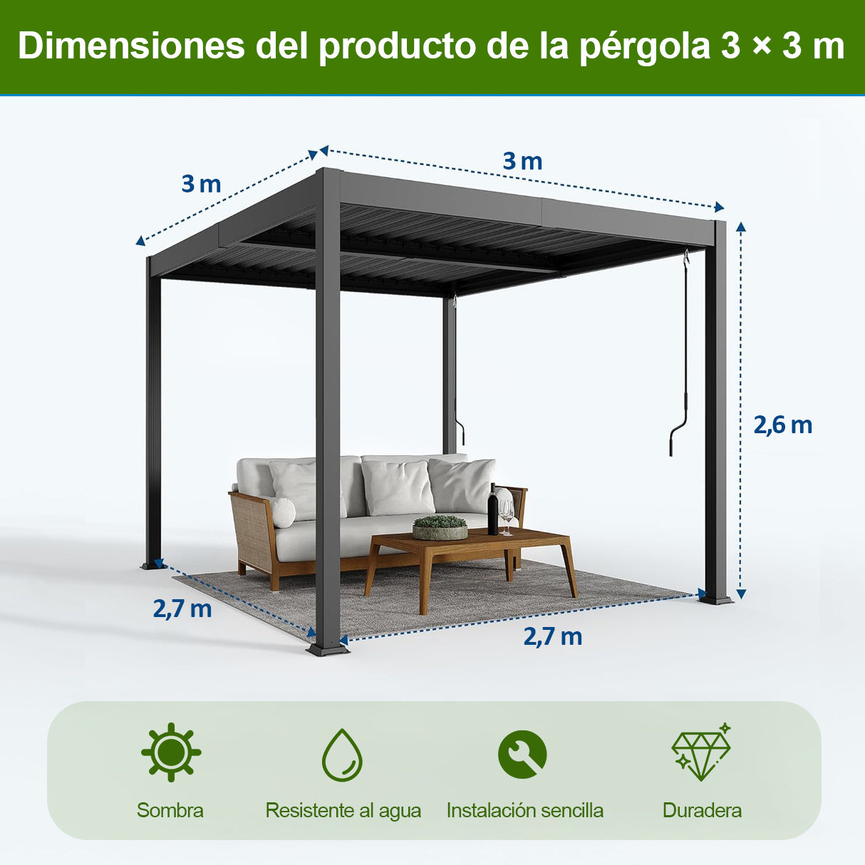 Patioslife Atlantic Pérgola de Aluminio con Lamas Ajustables y Luces LED