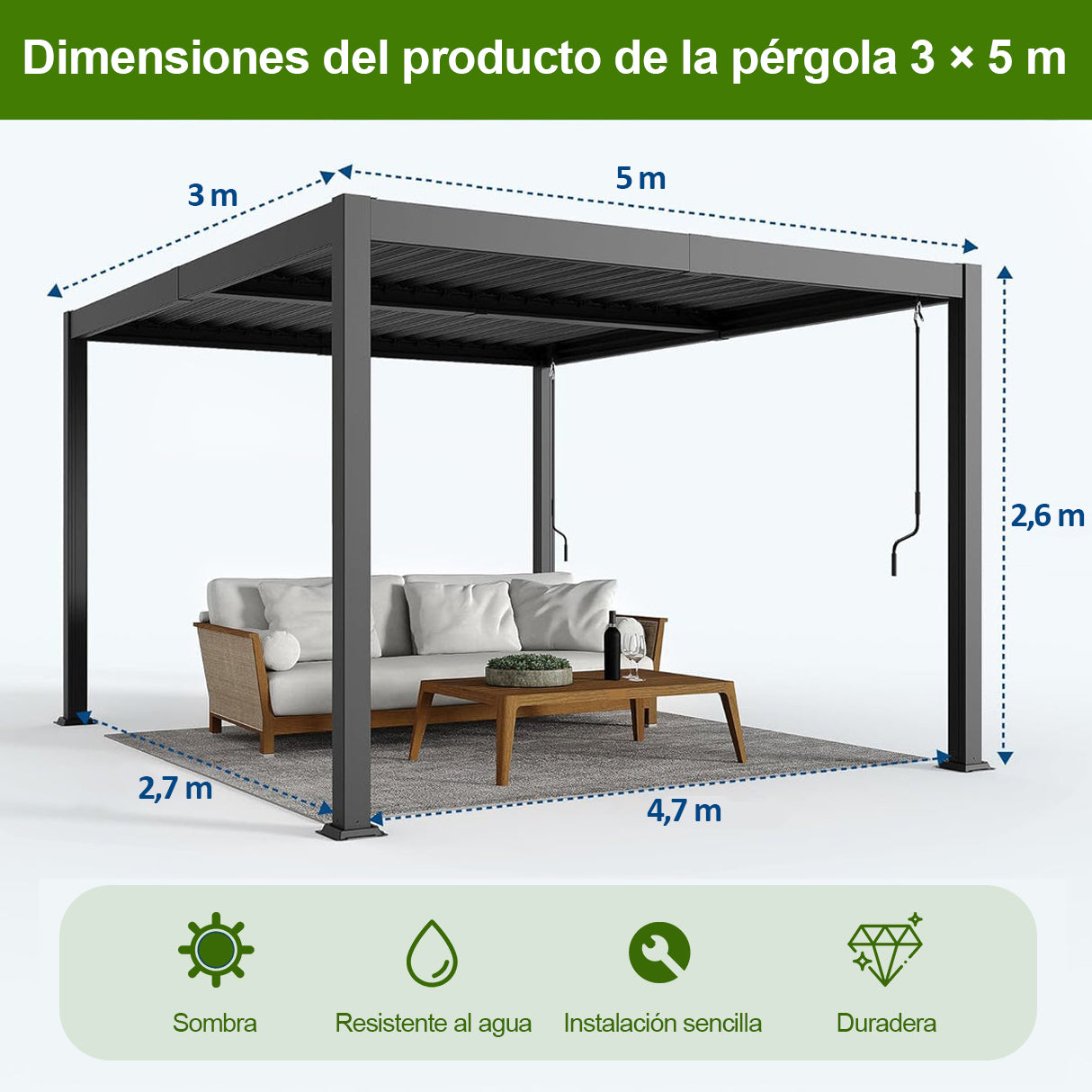 Patioslife Atlantic Pérgola de Aluminio con Lamas Ajustables y Luces LED