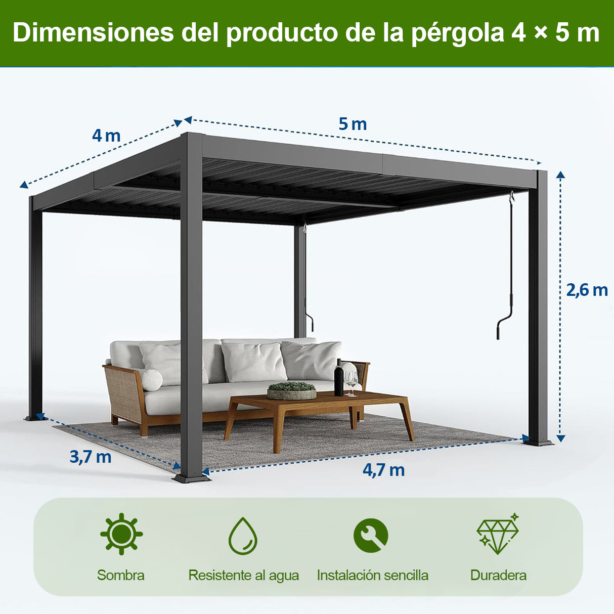 Patioslife Atlantic Pérgola de Aluminio con Lamas Ajustables y Luces LED