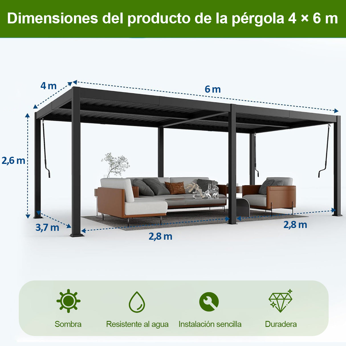 Patioslife Atlantic Pérgola de Aluminio con Lamas Ajustables y Luces LED