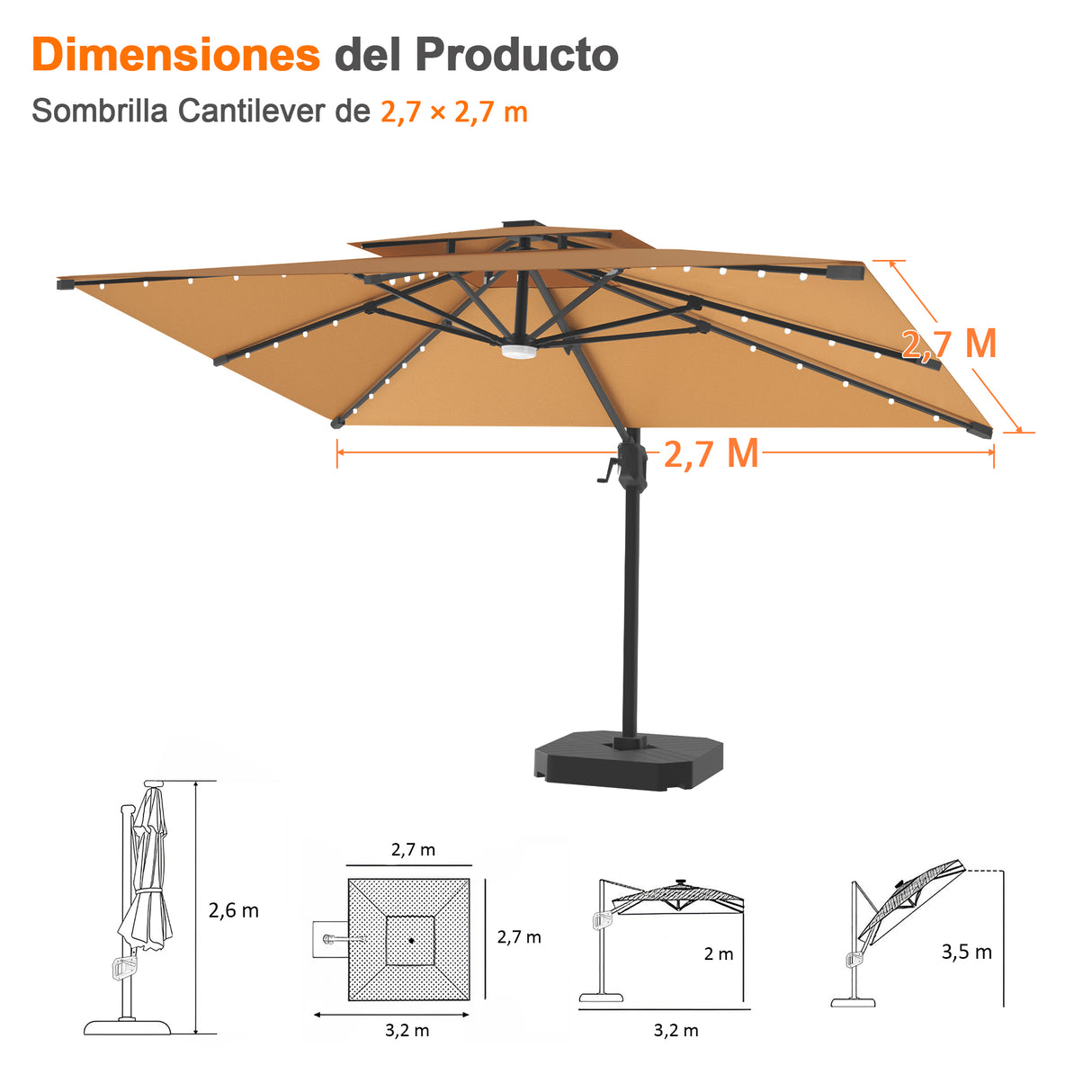 Patioslife Aegis Pro Sombrilla Excéntrica con Iluminación LED Solar, Estructura de Aluminio Termolacado y Rotación 360°