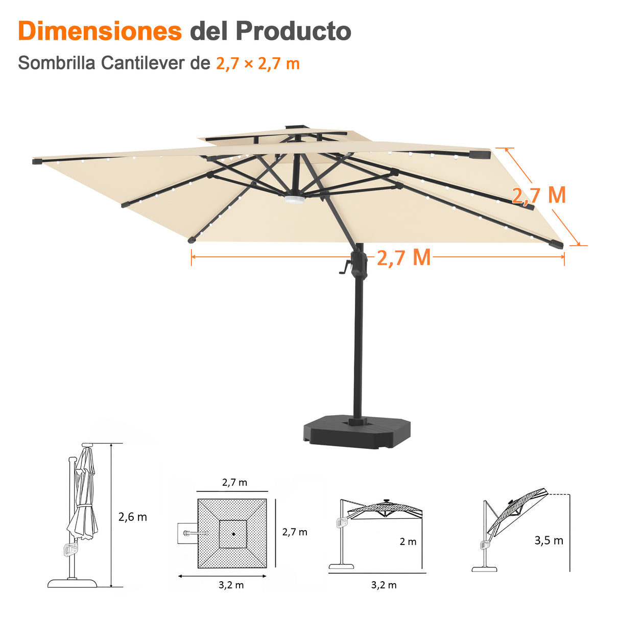Patioslife Aegis Pro Sombrilla Excéntrica con Iluminación LED Solar, Estructura de Aluminio Termolacado y Rotación 360°