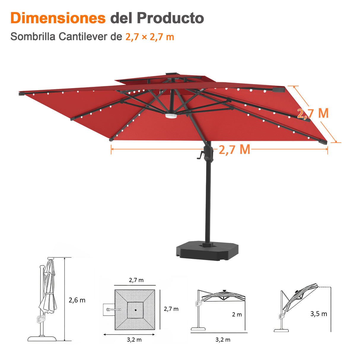 Patioslife Aegis Pro Sombrilla Excéntrica con Iluminación LED Solar, Estructura de Aluminio Termolacado y Rotación 360°