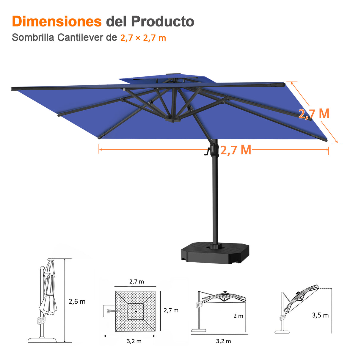 Patioslife Aegis Pro Sombrilla Excéntrica con Estructura de Aluminio para Jardín y Terraza