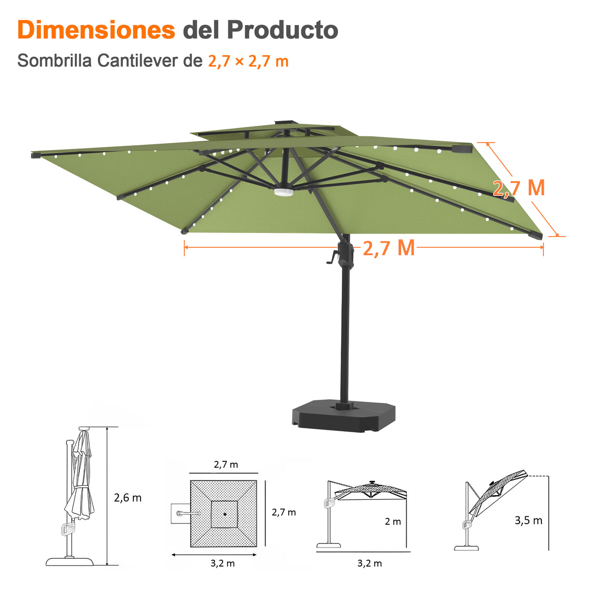Patioslife Aegis Pro Sombrilla Excéntrica con Iluminación LED Solar, Estructura de Aluminio Termolacado y Rotación 360°