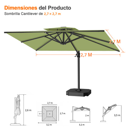Patioslife Aegis Pro™ Paraguas Cantilever con Base en Cruz — Estructura Resistente y Poste de Aluminio Recubierto en Polvo para Jardín y Terraza