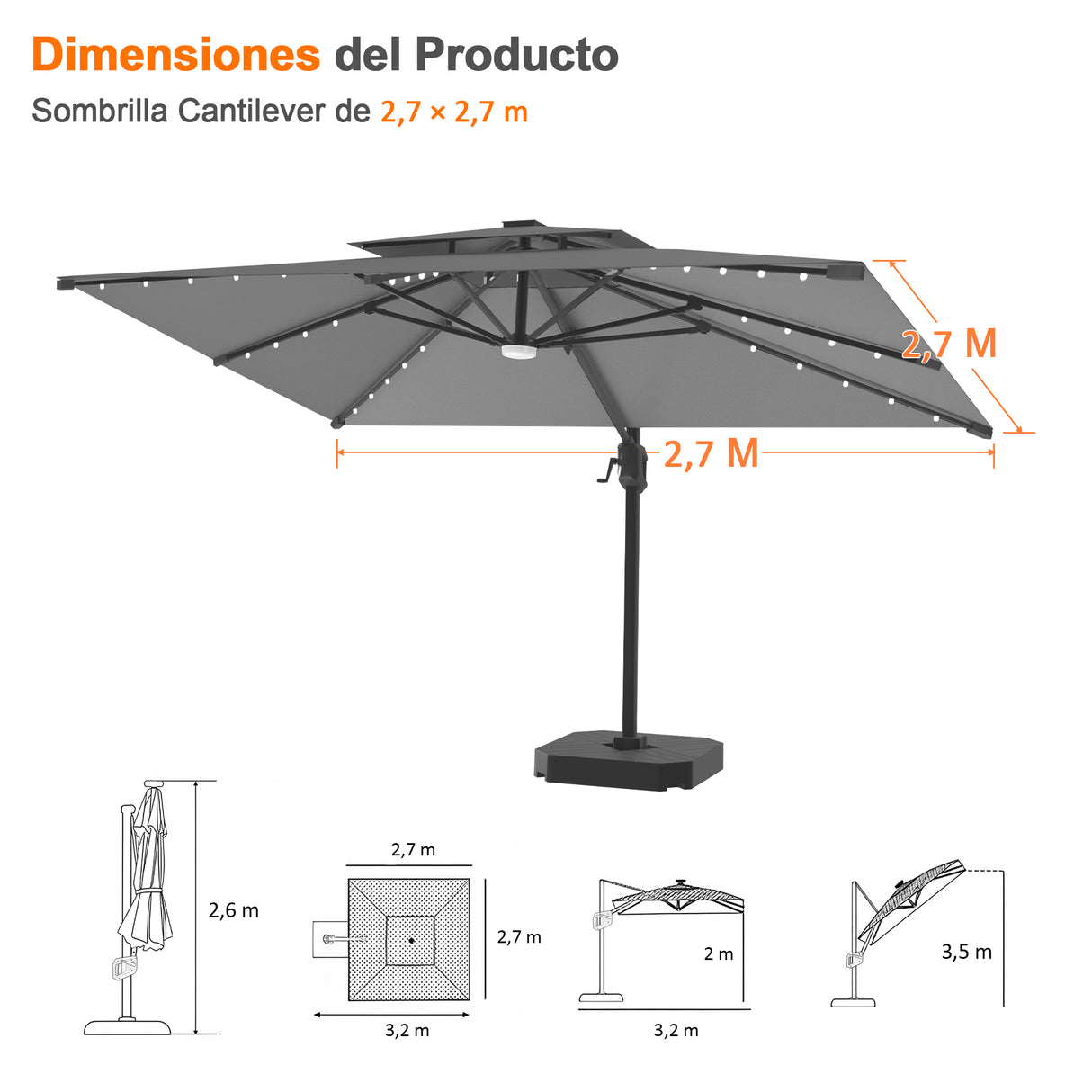 Patioslife Aegis Pro Sombrilla Excéntrica con Iluminación LED Solar, Estructura de Aluminio Termolacado y Rotación 360°