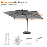 Patioslife Aegis Pro Sombrilla Excéntrica con Iluminación LED Solar, Estructura de Aluminio Termolacado y Rotación 360°