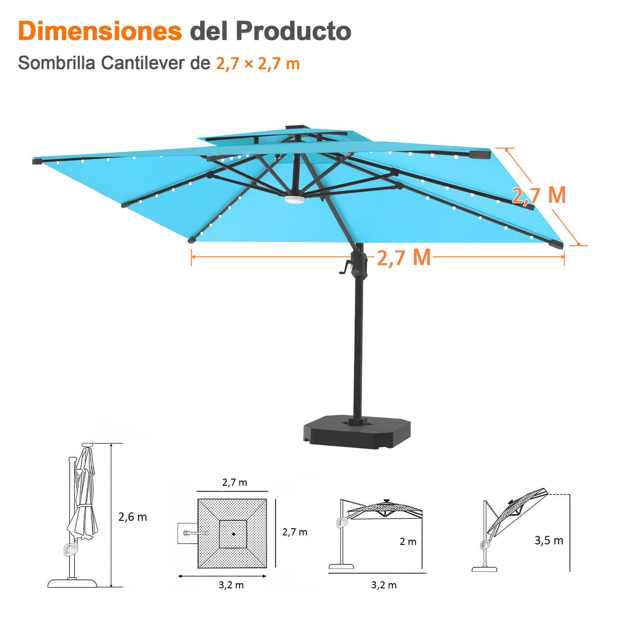 Patioslife Aegis Pro Sombrilla Excéntrica con Iluminación LED Solar, Estructura de Aluminio Termolacado y Rotación 360°