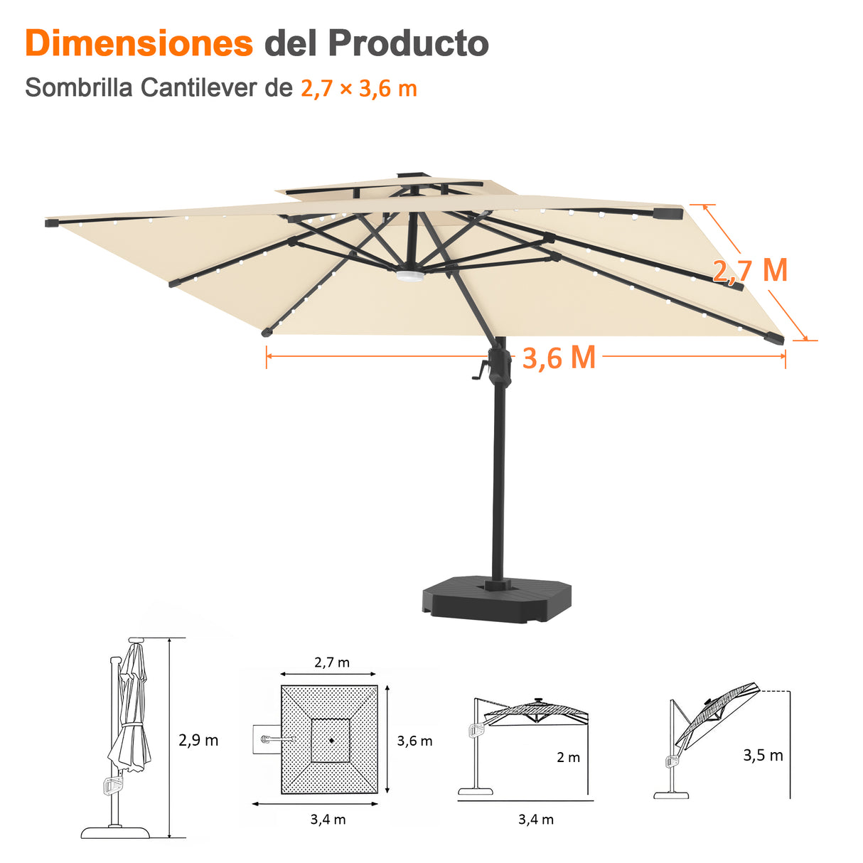 Patioslife Aegis Pro Sombrilla Excéntrica con Iluminación LED Solar, Estructura de Aluminio Termolacado y Rotación 360°