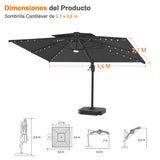 Patioslife Aegis Pro Sombrilla Excéntrica con Iluminación LED Solar, Estructura de Aluminio Termolacado y Rotación 360°