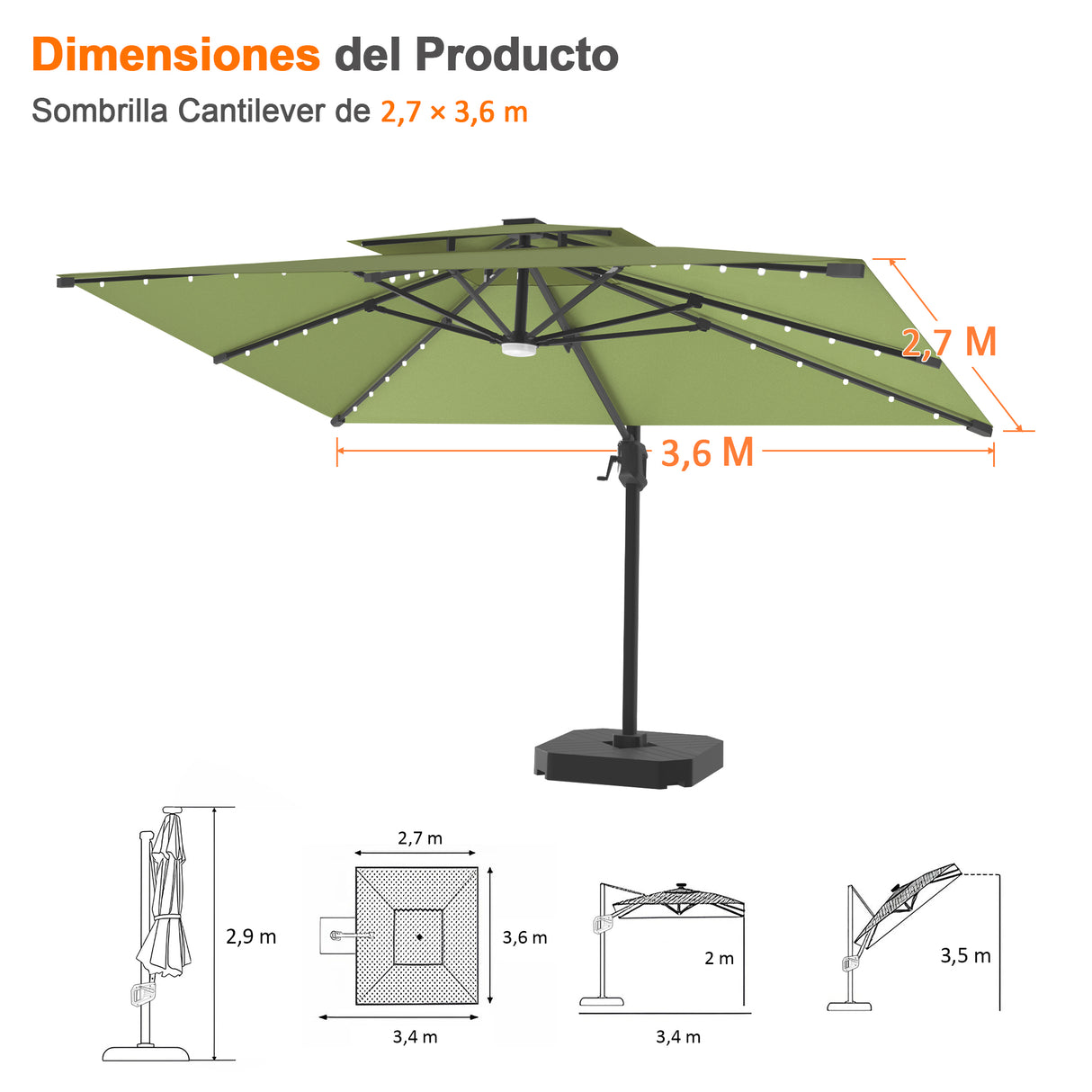 Patioslife Aegis Pro Sombrilla Excéntrica con Iluminación LED Solar, Estructura de Aluminio Termolacado y Rotación 360°