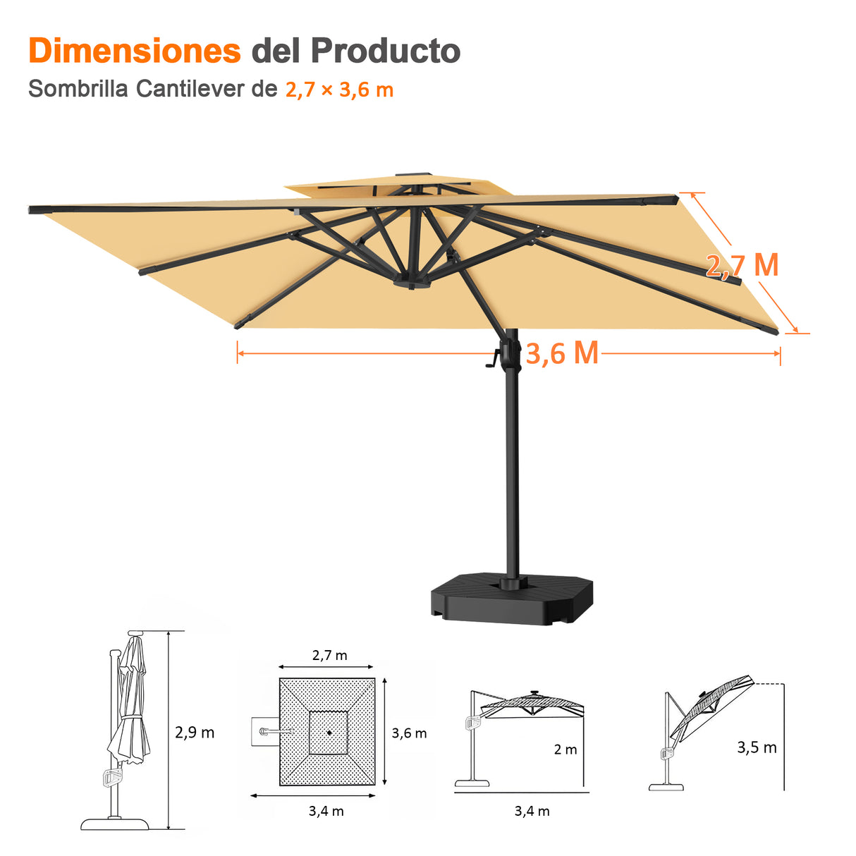 Patioslife Aegis Pro Sombrilla Excéntrica con Estructura de Aluminio para Jardín y Terraza