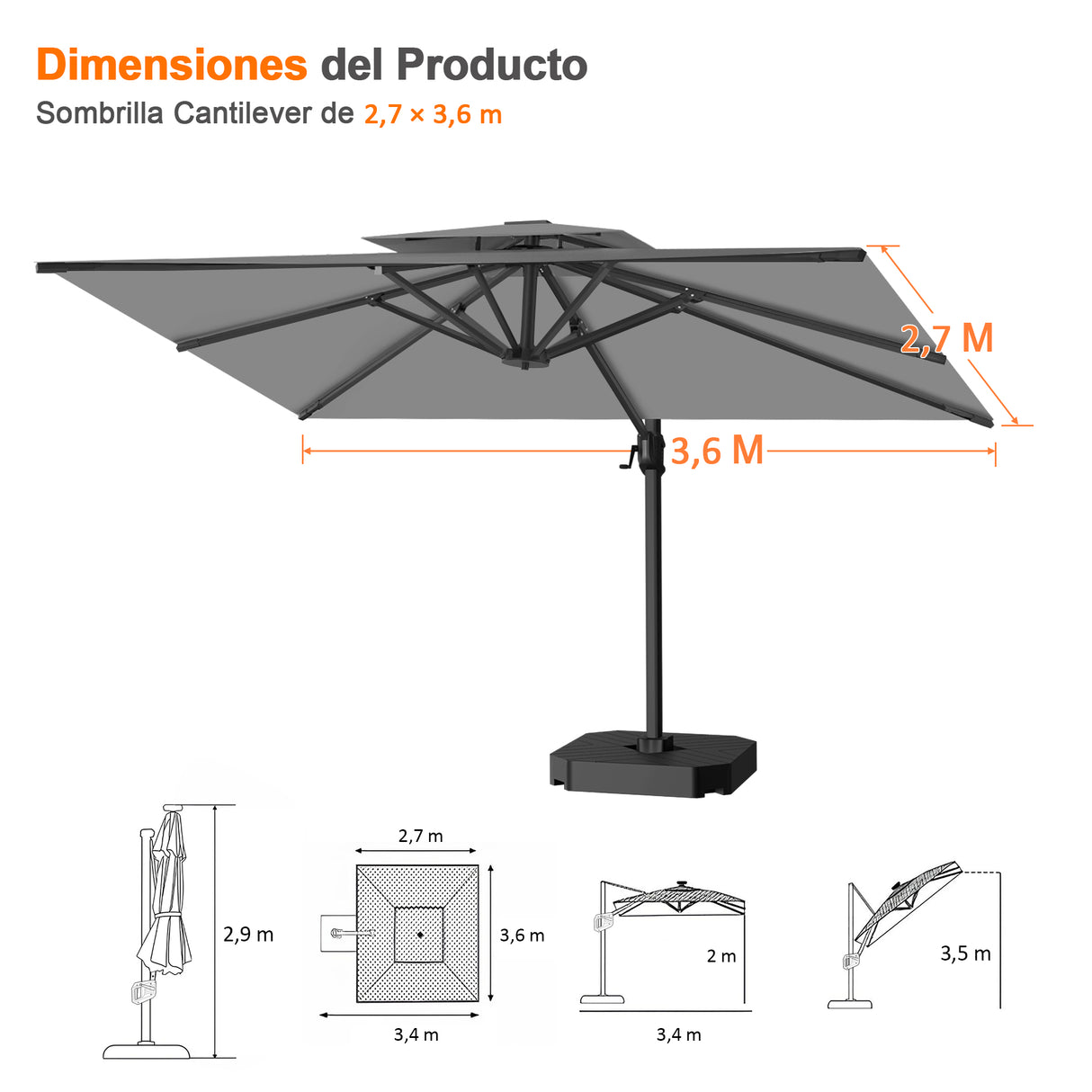 Patioslife Aegis Pro Sombrilla Excéntrica con Estructura de Aluminio para Jardín y Terraza