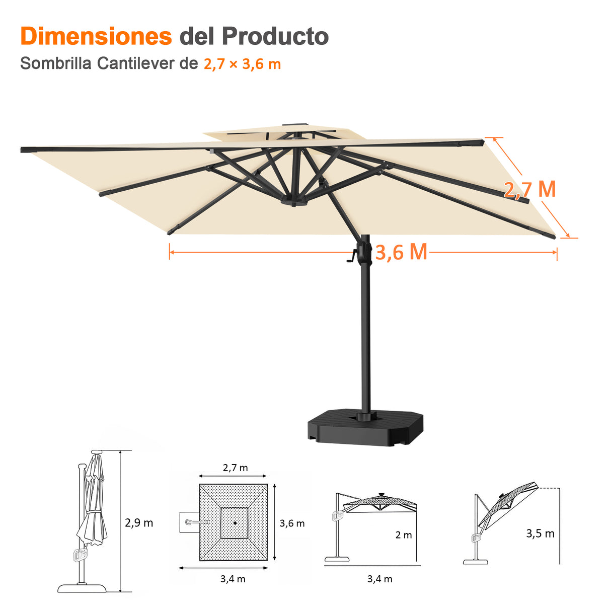 Patioslife Aegis Pro Sombrilla Excéntrica con Estructura de Aluminio para Jardín y Terraza
