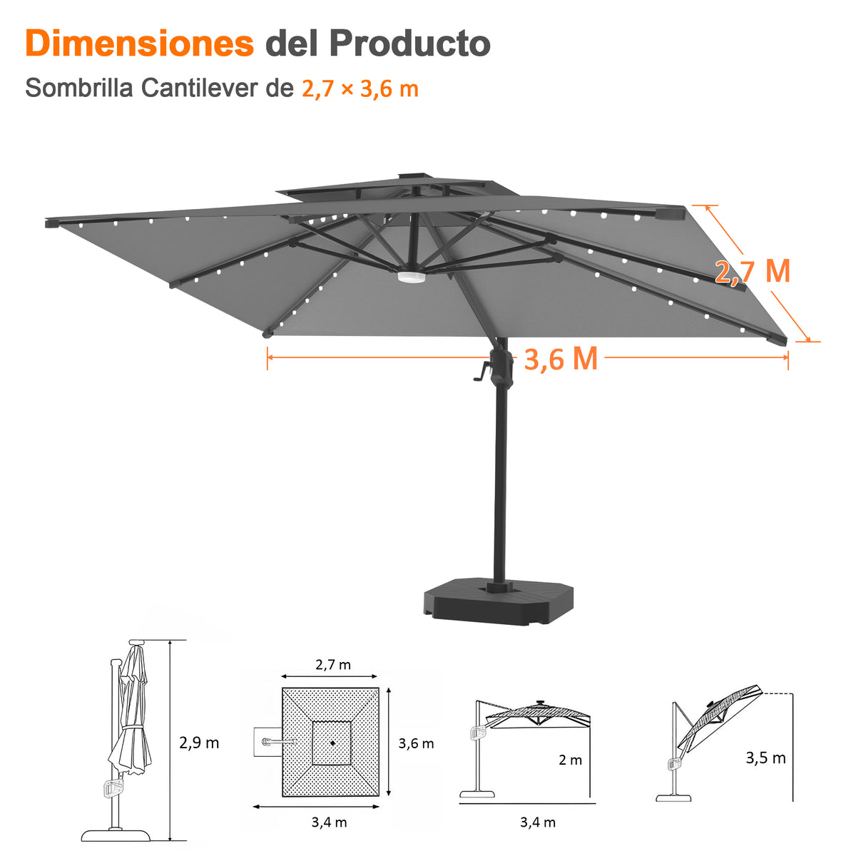 Patioslife Aegis Pro Sombrilla Excéntrica con Iluminación LED Solar, Estructura de Aluminio Termolacado y Rotación 360°