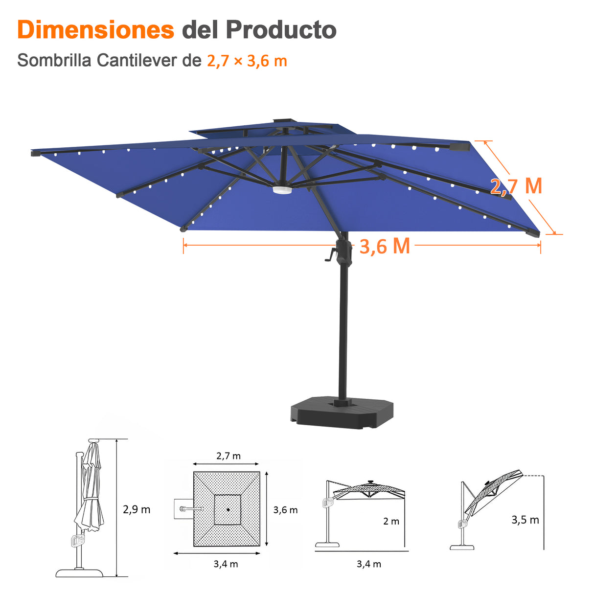 Patioslife Aegis Pro Sombrilla Excéntrica con Iluminación LED Solar, Estructura de Aluminio Termolacado y Rotación 360°