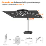 Patioslife Aegis Premium Parasol Excéntrico con LED Solar y Giro 360°