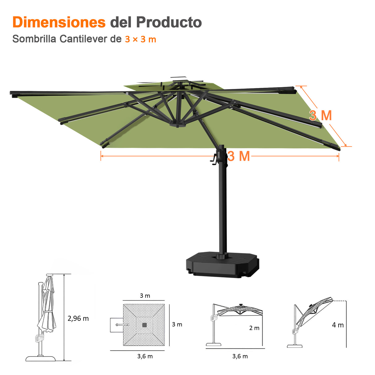 Patioslife Aegis Pro Sombrilla Excéntrica con Estructura de Aluminio para Jardín y Terraza