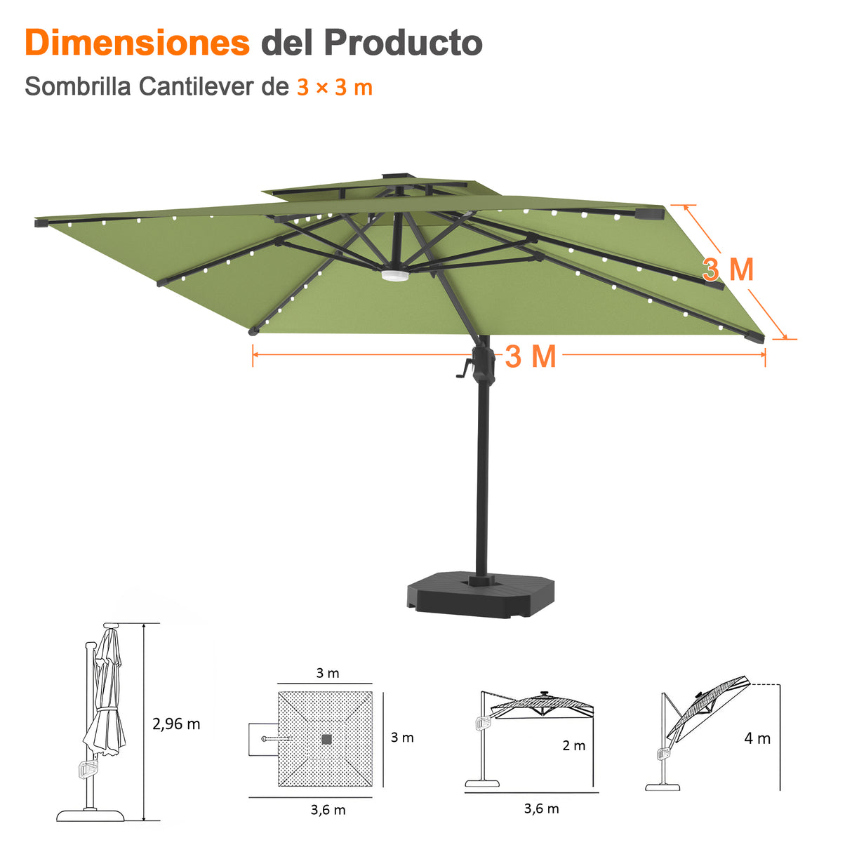 Patioslife Aegis Pro Sombrilla Excéntrica con Iluminación LED Solar, Estructura de Aluminio Termolacado y Rotación 360°