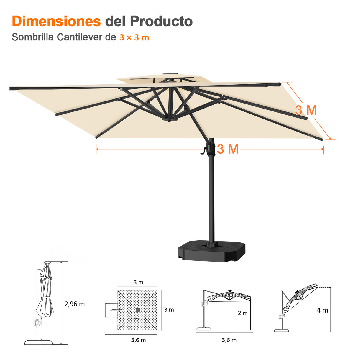Patioslife Aegis Pro Sombrilla Excéntrica con Estructura de Aluminio para Jardín y Terraza