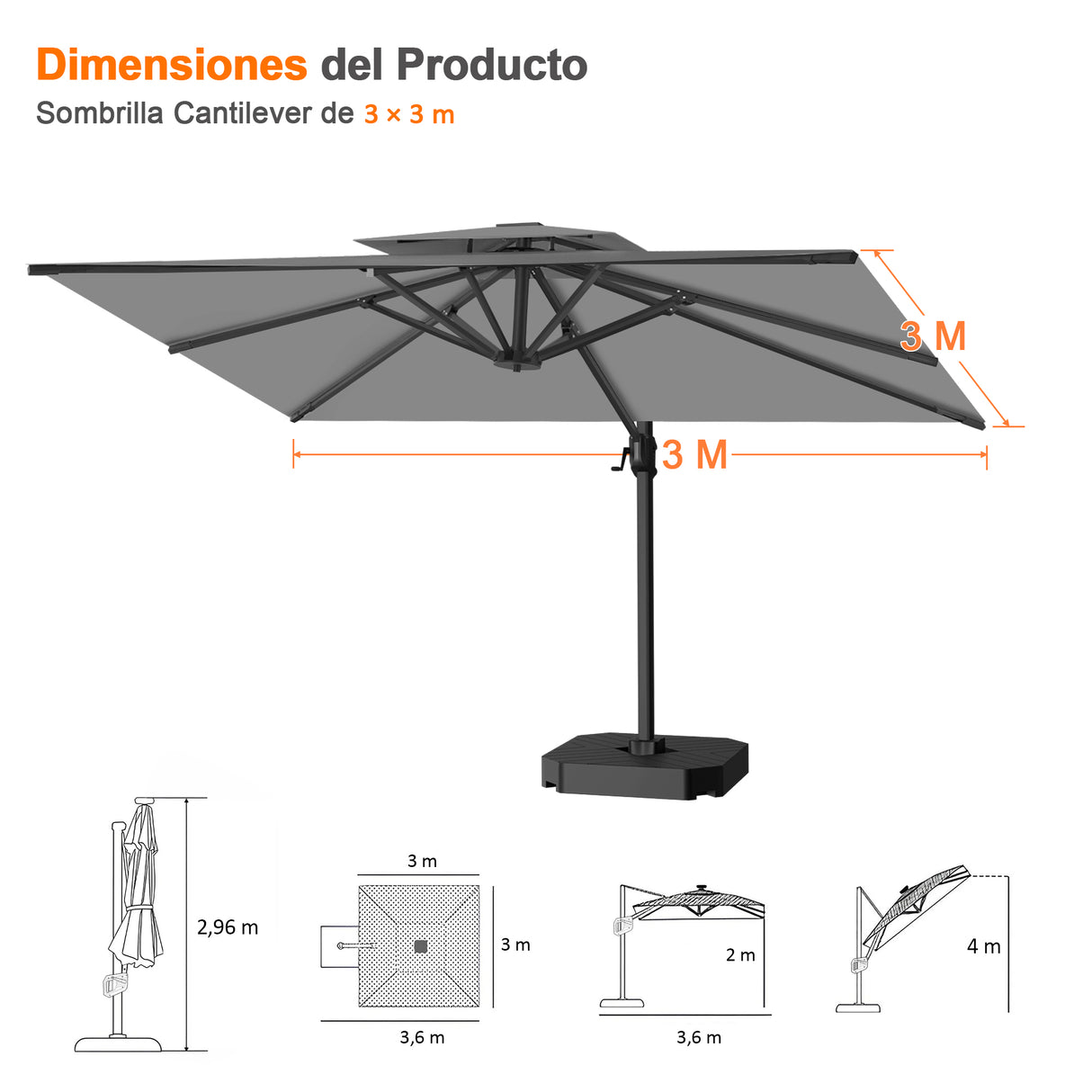 Patioslife Aegis Pro Sombrilla Excéntrica con Estructura de Aluminio para Jardín y Terraza