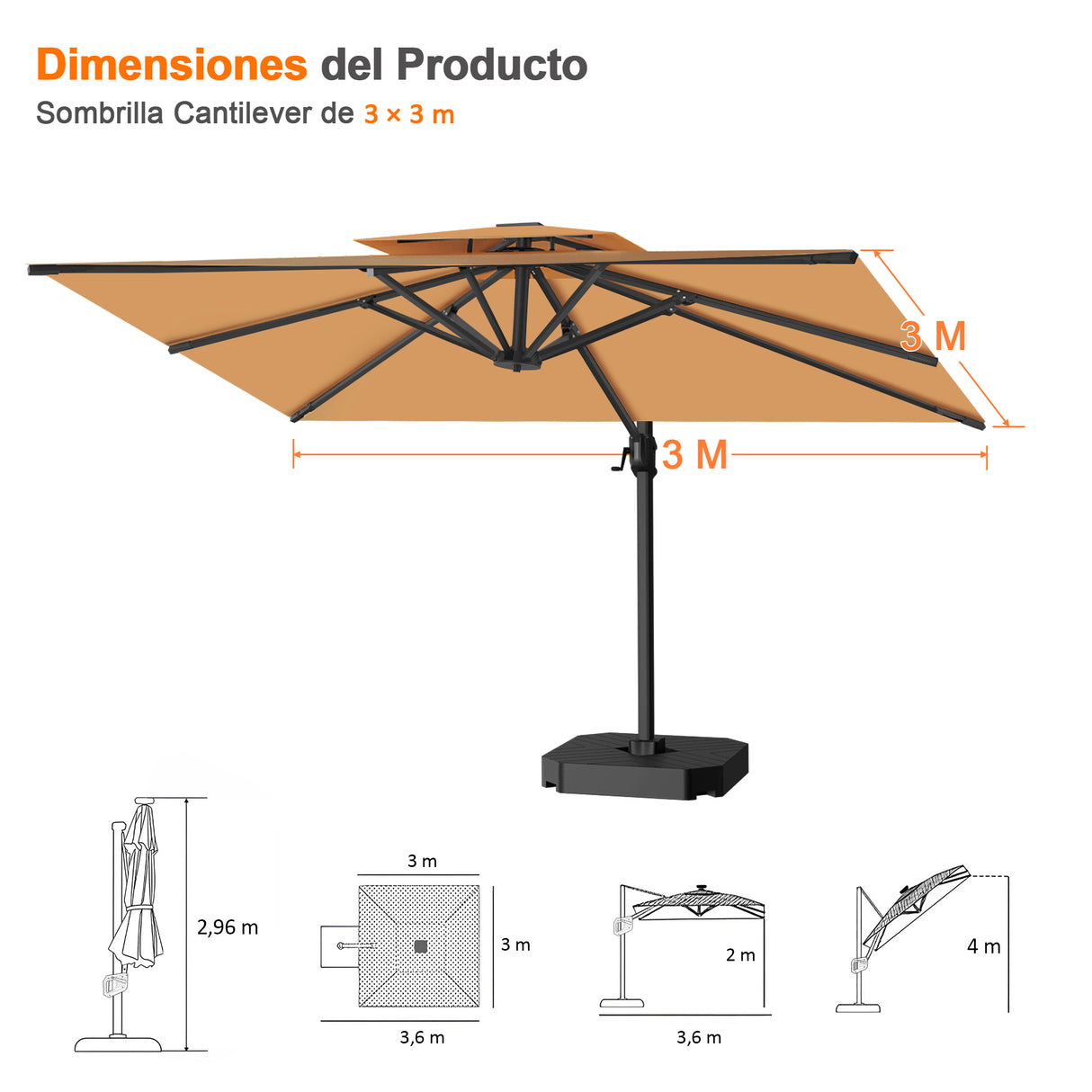 Patioslife Aegis Pro Sombrilla Excéntrica con Estructura de Aluminio para Jardín y Terraza