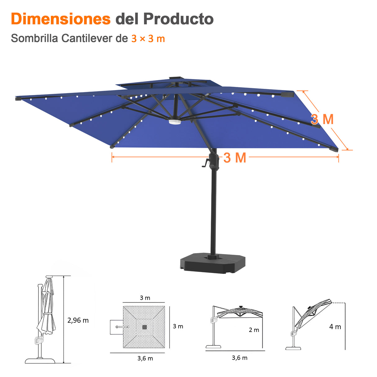 Patioslife Aegis Pro Sombrilla Excéntrica con Iluminación LED Solar, Estructura de Aluminio Termolacado y Rotación 360°