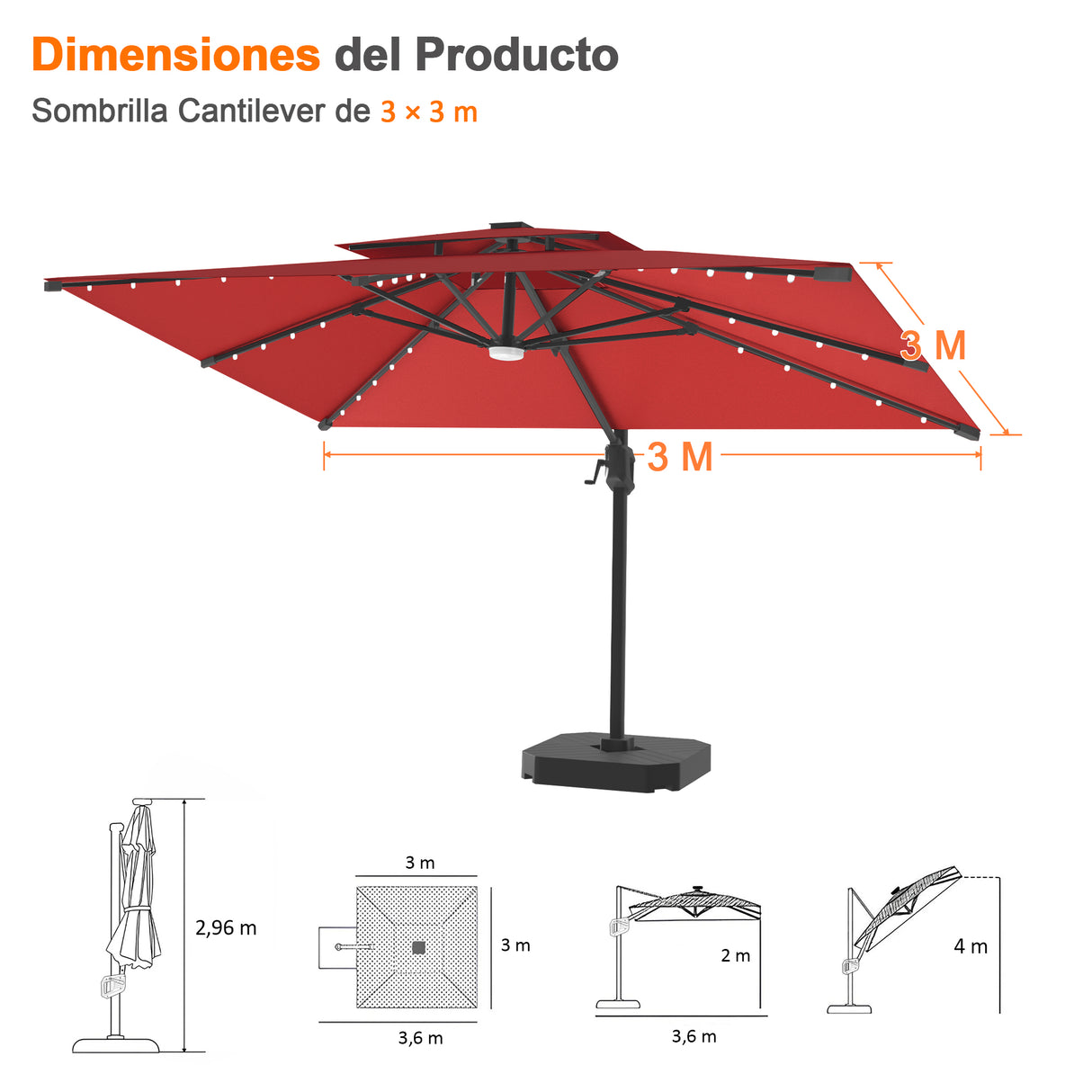 Patioslife Aegis Pro Sombrilla Excéntrica con Iluminación LED Solar, Estructura de Aluminio Termolacado y Rotación 360°
