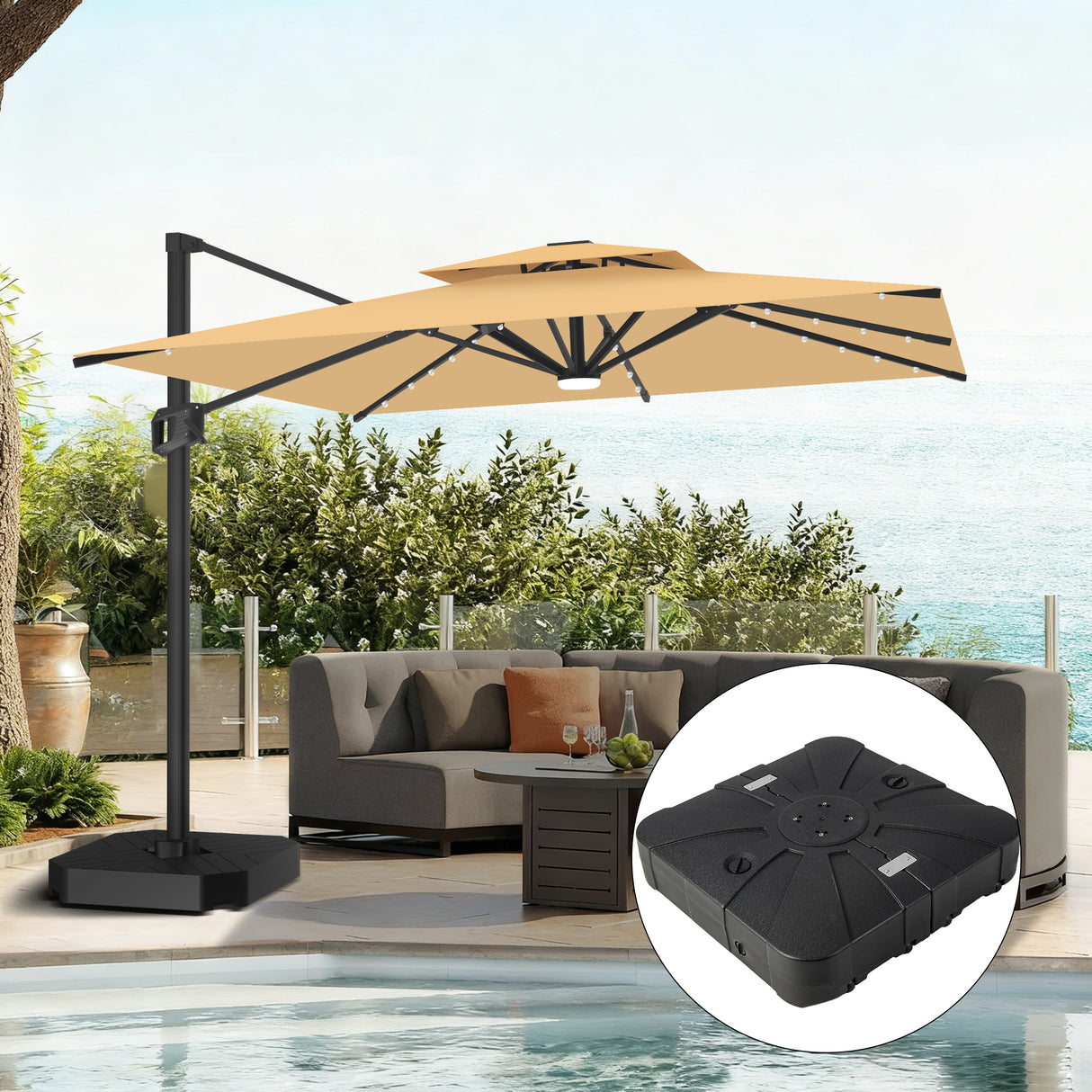 Patioslife Aegis Pro Sombrilla Excéntrica con Iluminación LED Solar, Estructura de Aluminio Termolacado y Rotación 360°