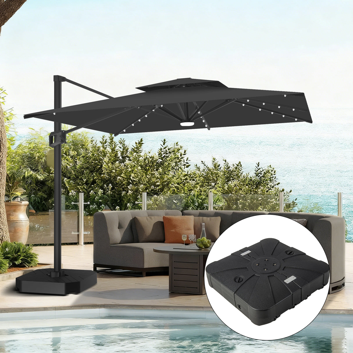 Patioslife Aegis Pro Sombrilla Excéntrica con Iluminación LED Solar, Estructura de Aluminio Termolacado y Rotación 360°