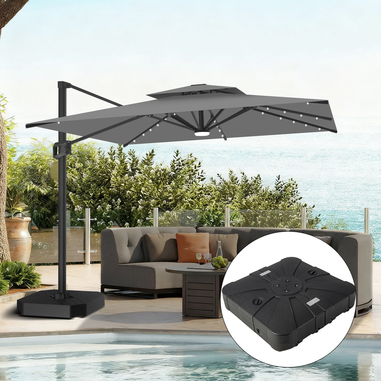 Patioslife Aegis Pro Sombrilla Excéntrica con Iluminación LED Solar, Estructura de Aluminio Termolacado y Rotación 360°