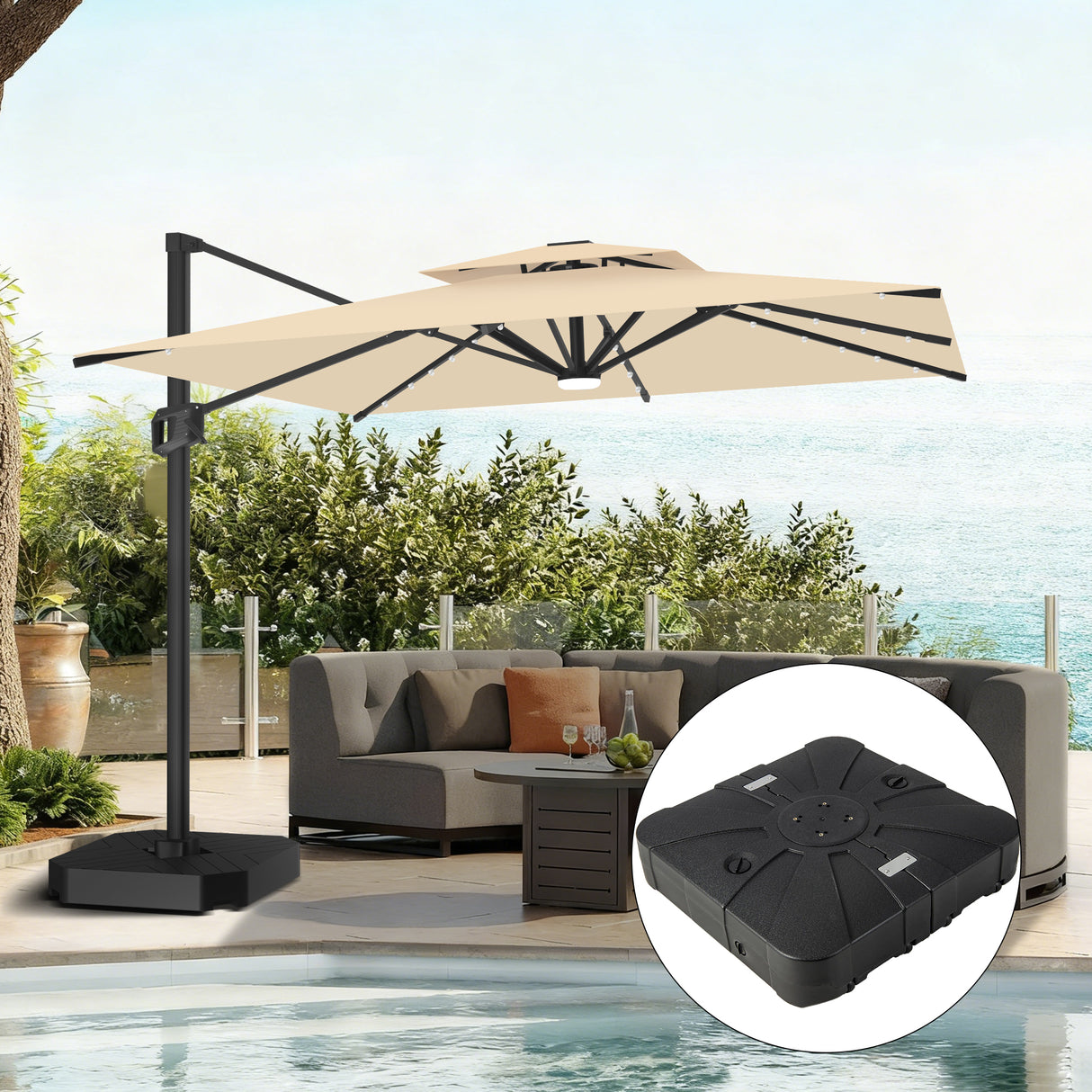 Patioslife Aegis Pro Sombrilla Excéntrica con Iluminación LED Solar, Estructura de Aluminio Termolacado y Rotación 360°