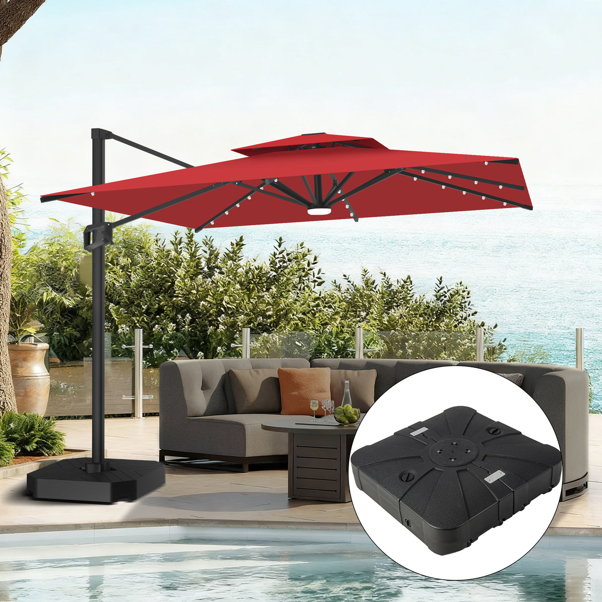 Patioslife Aegis Pro Sombrilla Excéntrica con Iluminación LED Solar, Estructura de Aluminio Termolacado y Rotación 360°