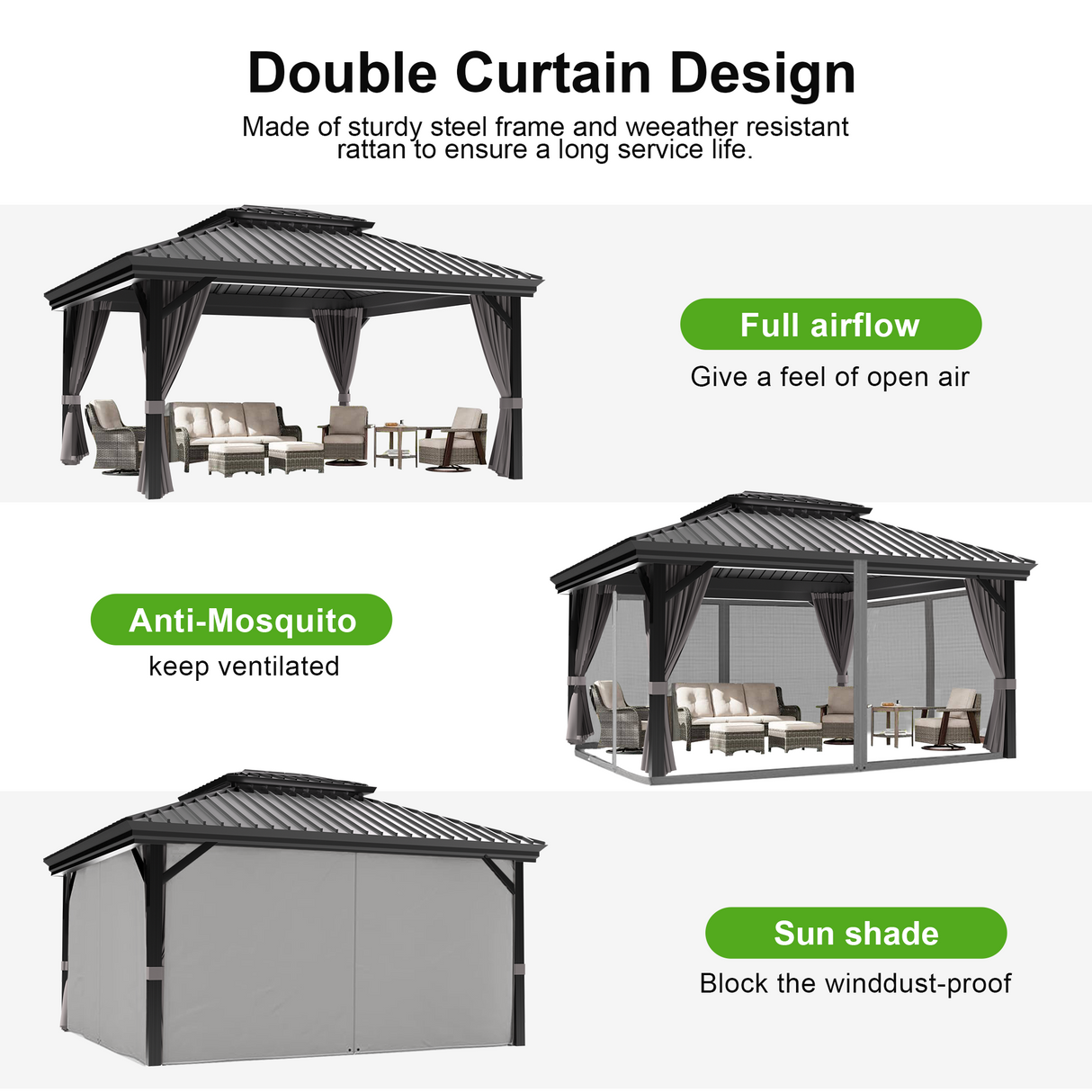 Patioslife Haven，Gazebo，Hardtop，Aluminum Frame，Ventilated Roof，Curtains，3.0x3.65m，Brown Finish，Outdoor Shelter，Backyard Pergola，Garden Pavilion，Outdoor Entertaining，Weatherproof，Sunshade & Rain Protection，Modern Outdoor Furniture，Luxury Patio Structure，Contemporary Design，Premium Outdoor Living
