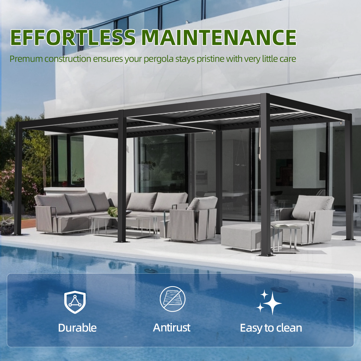 Pergola,patioslife,Poolside,Outdoor Leisure Area,Outdoor Kitchen or Dining Area,Garden Pathway,Rooftop Terrace,Sun Shading & Light Contro,Space Definition,water proof,durable,easy to clean