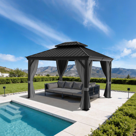 Patioslife Luxury Haven Cenador de Jardín con Techo Rígido y Cortinas