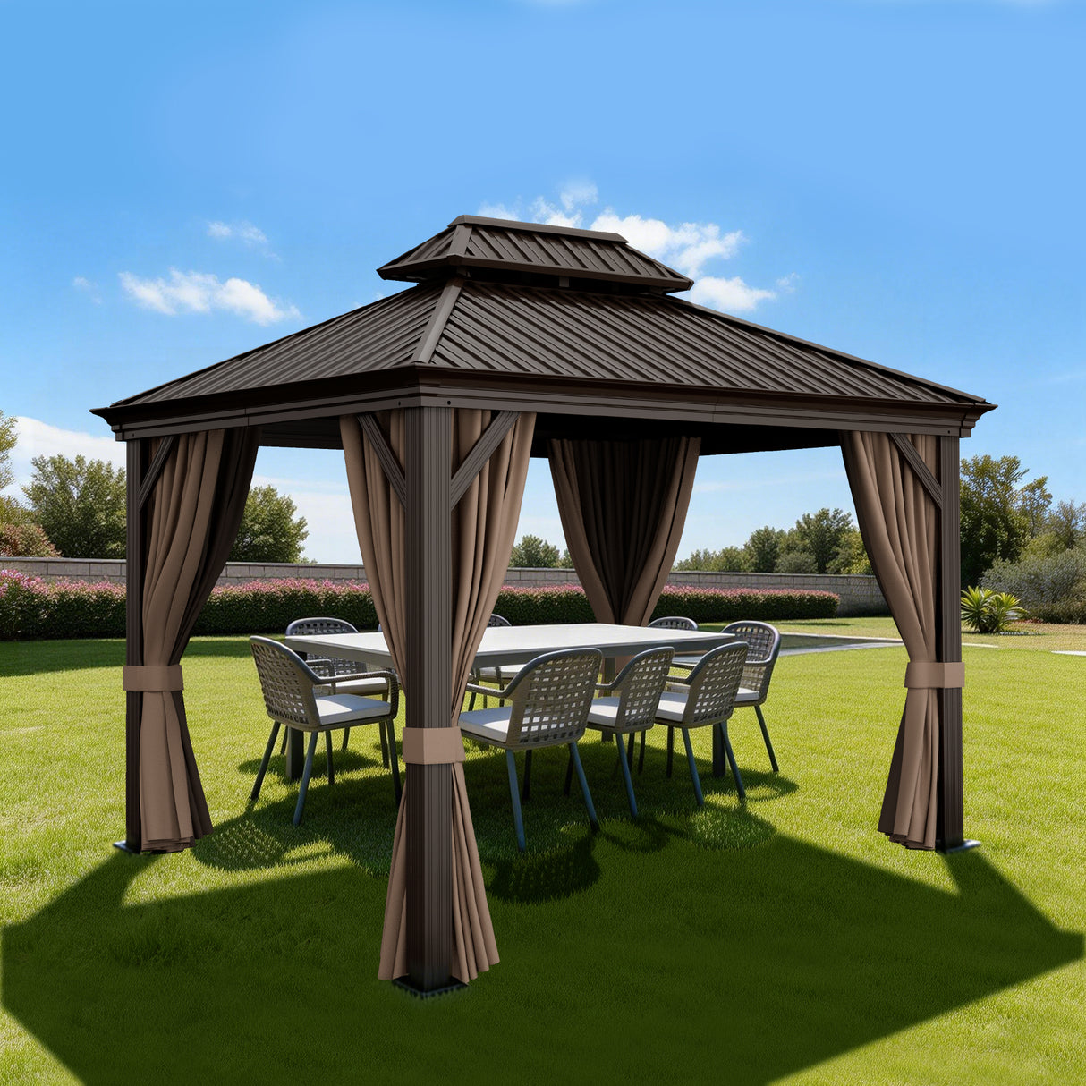 Patioslife Luxury Haven Cenador de Aluminio con Techo Rígido, Drenaje Integrado y Cortinas