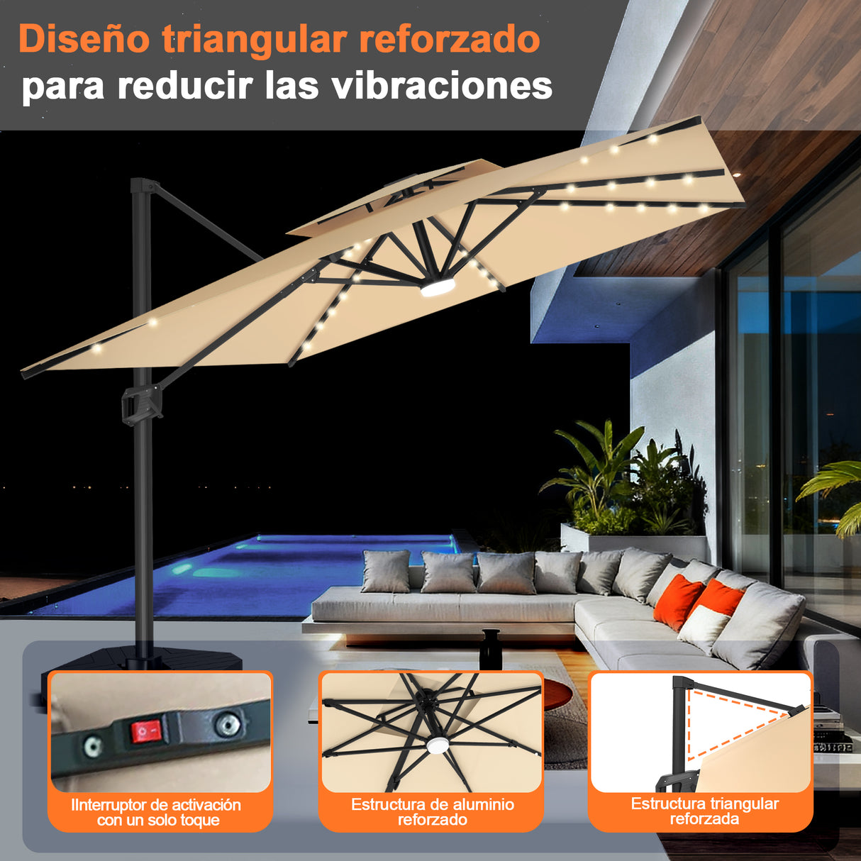 Patioslife Aegis Pro Sombrilla Excéntrica con Iluminación LED Solar, Estructura de Aluminio Termolacado y Rotación 360°