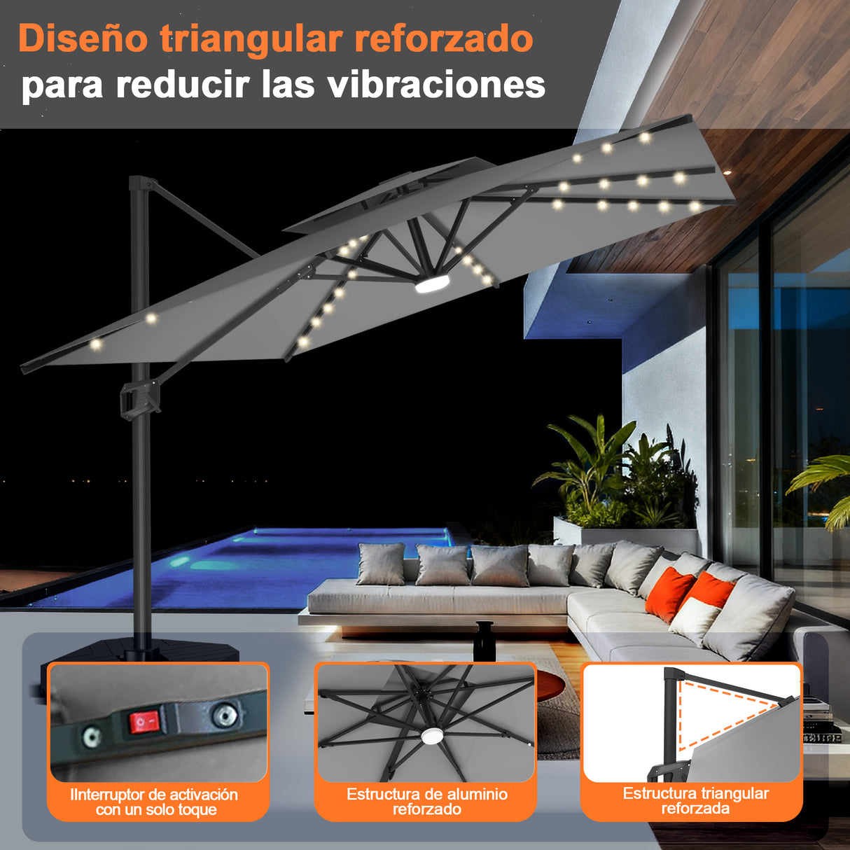 Patioslife Aegis Pro Sombrilla Excéntrica con Iluminación LED Solar, Estructura de Aluminio Termolacado y Rotación 360°