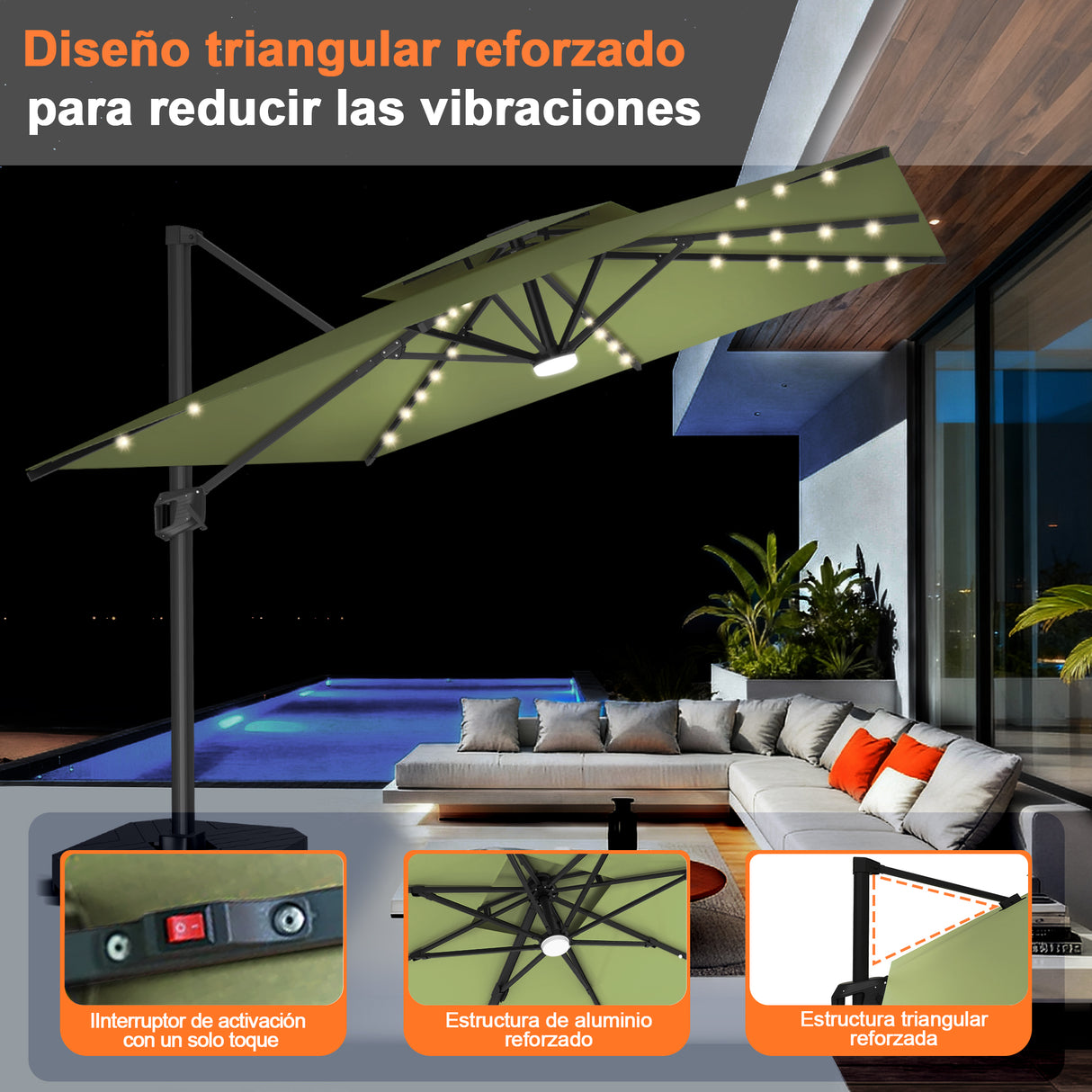 Patioslife Aegis Pro Sombrilla Excéntrica con Iluminación LED Solar, Estructura de Aluminio Termolacado y Rotación 360°