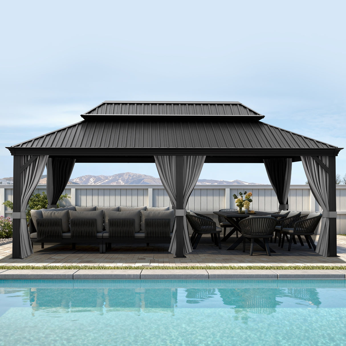 Patioslife Luxury Haven Cenador de Aluminio con Techo Rígido, Drenaje Integrado y Cortinas
