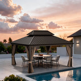 Patioslife Luxury Haven Cenador de Aluminio con Techo Rígido, Drenaje Integrado y Cortinas