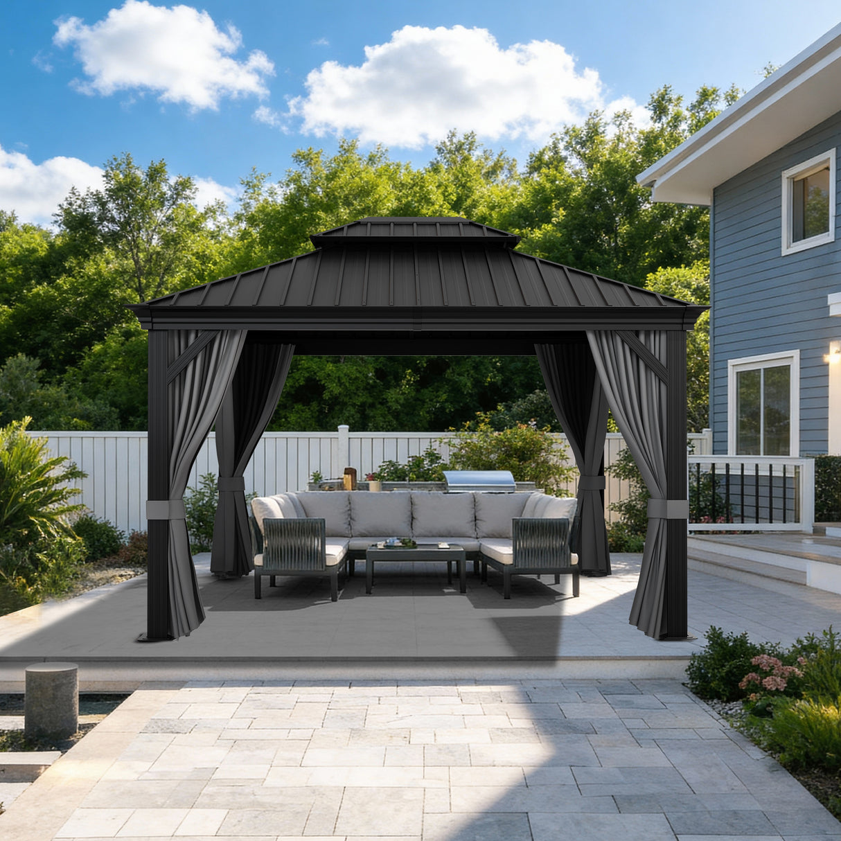 Patioslife Luxury Haven Cenador de Aluminio con Techo Rígido, Drenaje Integrado y Cortinas