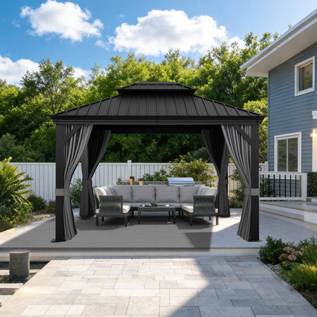 Patioslife Luxury Haven Cenador de Jardín con Techo Rígido y Cortinas